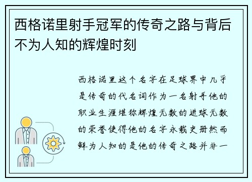 西格诺里射手冠军的传奇之路与背后不为人知的辉煌时刻 西格诺里射手冠军的传奇之路与背后不为人知的辉煌时刻